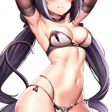 1girls, 3:, animal ear fluff, animal ears, armpits, arms behind head, arms up, bangs, black choker, black hair, blush, bra, breasts, brown gloves, brown legwear