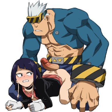 1boy, 1girls, all fours, big penis, death arms (my hero academia), doggy style, earlobe jacks, fingerless gloves, hero outfit(mha), imminent sex, kyoka jiro, looking at partner, looking back, muscular, muscular male