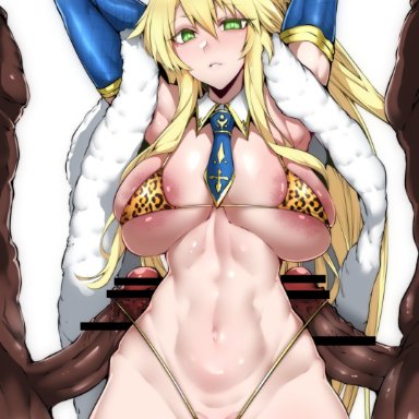 2boys, absurdres, animal ears, areola slip, areolae, armpits, arms behind head, artoria pendragon (all), artoria pendragon (swimsuit ruler) (fate), bar censor, bikini, blonde hair, blue gloves, breasts, bunny ears