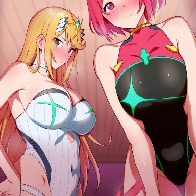 2021, 2girls, absurd res, amano don, ara ara, black swimsuit, blonde hair, blush, breasts, choker, cleavage, covered navel, earrings, eyebrows visible through hair, hand on hip