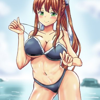 1girls, artist request, beach, bikini, black bikini, bra, breasts, doki doki literature club, female, female only, green eyes, monika, monika (doki doki literature club), ocean, panties