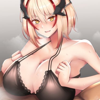 1boy, azur lane, bangs, black bra, blonde hair, blush, bra, breast squeeze, breasts, censored, cleavage, clothed female nude male, dain (bishop m), eyebrows visible through hair, female