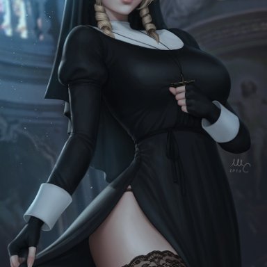 artist name, black dress, black gloves, black legwear, black panties, blonde hair, blurry, blurry background, breasts, church, closed mouth, cowboy shot, depth of field, dress, drill hair