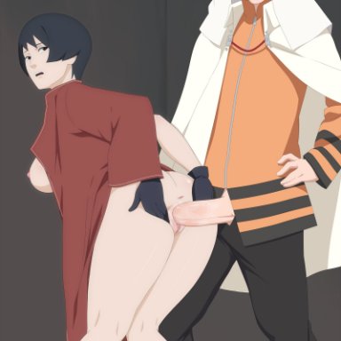 1boy, 1girls, ass, bare legs, bent over, big breasts, big penis, black hair, black legwear, boruto: naruto next generations, breasts, breasts out of clothes, breasts outside, cape, cheating