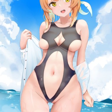 bangs, bare shoulders, black swimsuit, blonde hair, blue sky, breasts, cameltoe, chinese commentary, cleavage, cleavage cutout, clothing cutout, cloud, commentary request, cowboy shot, day