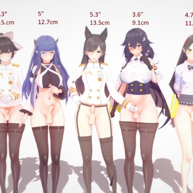 3d, 5futas, 5girls, atago (azur lane), azuma (azur lane), azur lane, bent penis, black hair, blue hair, bottomless, embarrassed, futa only, futanari, handjob, ibuki (azur lane)