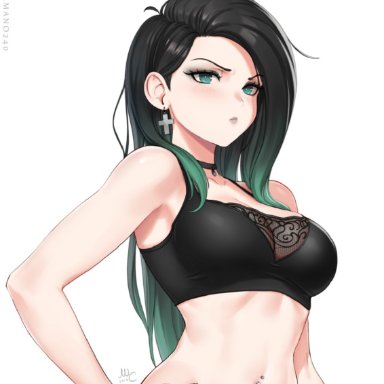 2019, april (sciamano240), artist name, bangs, bare shoulders, black bra, black choker, black hair, black nails, blush, bra, breasts, choker, closed mouth, cross