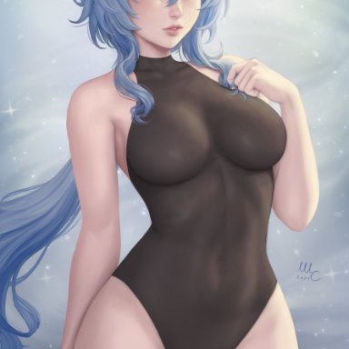 1girls, abs, bare shoulders, big breasts, blue hair, breasts, clothed, clothing, female, female focus, female only, fit, fit female, ganyu (genshin impact), genshin impact