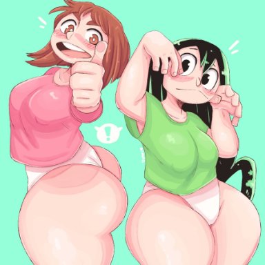 2girls, ass, bare thighs, blush, breasts, brown eyes, brown hair, dumpiwumpi (artist), female, female focus, female only, green hair, huge ass, my hero academia, no pants