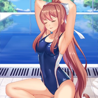 arms behind head, brown hair, chungmechanic, closed eyes, competition swimsuit, covered breasts, doki doki literature club, full body, long hair, medium breasts, monika (doki doki literature club), ponytail, poolside, ribbon, sitting