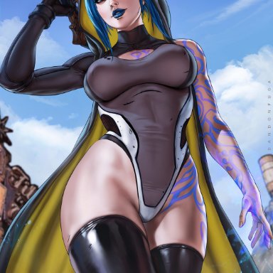 1girls, arm markings, arms up, bare shoulders, beauty mark, big breasts, blue eyes, blue hair, blue lips, body markings, borderlands, breasts, child bearing hips, cleavage, cleavage cutout