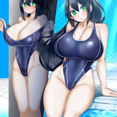 1girls, big breasts, big eyes, birugurimu, black hair, breasts, cleavage, clothed, clothing, female, female only, green eyes, hair between eyes, huge breasts, human