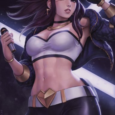 1girls, abs, akali, armpits, arms up, big breasts, breasts, choker, clothed, clothing, crop top, earrings, female, female focus, female only