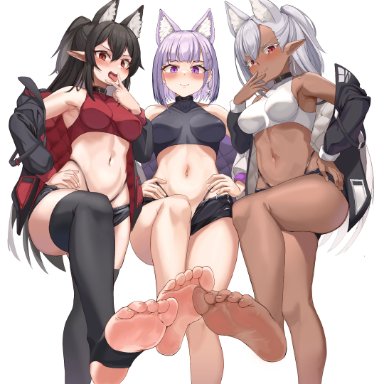 3girls, absurd res, animal ears, bare shoulders, barefoot, black hair, blush, breasts, choker, dark-skinned female, dark skin, earrings, feet, female, female only