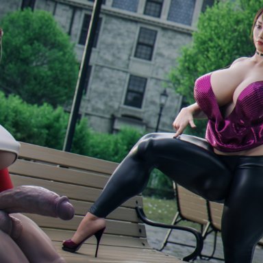 2futas, 3d, areolae, breasts, bulge, casual boner, casual exposure, casual nudity, cleavage, erection under clothes, futa only, futa with futa, futanari, huge breasts, huge cock