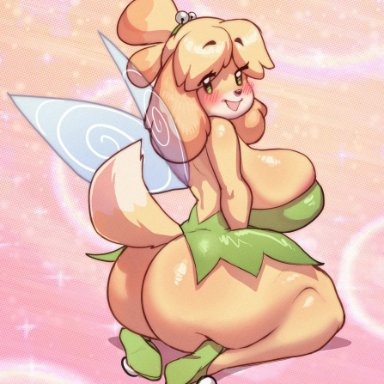 1girls, animal crossing, animal crossing new leaf, animal ears, anthro, ass, blush, dog ears, dog tail, isabelle (animal crossing), kneeling, large breasts, looking back, nintendo, norodoggo