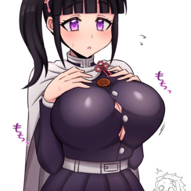 big breasts, black hair, blush, butterfly hair ornament, clothing, demon slayer, female, female only, fully clothed, kimetsu no yaiba, ponytail, purple eyes, side ponytail, solo, straining buttons