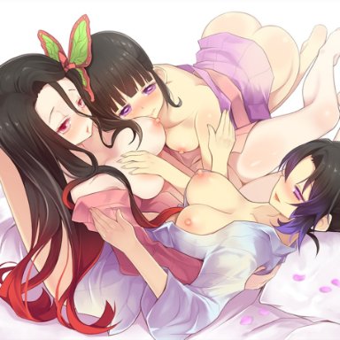 3girls, alternate breast size, artist request, bare shoulders, barefoot, breasts, breasts outside, demon, demon girl, demon slayer, feet, female, female only, huge breasts, kamado nezuko