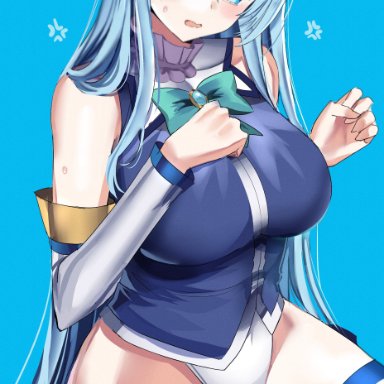 aqua (konosuba), arm sleeves, big breasts, blue eyes, blue hair, blue stockings, blush, hanasaka houcha, kono subarashii sekai ni shukufuku wo!, leggings, legwear, long hair, looking at viewer, open mouth, panties