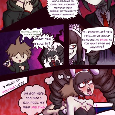 1boy, 1girls, black hair, bunny ears, bunny girl, bunnysuit, celestia ludenberg, comic, cum, cum in pussy, cum inside, danganronpa, dialogue, english text, impregnation