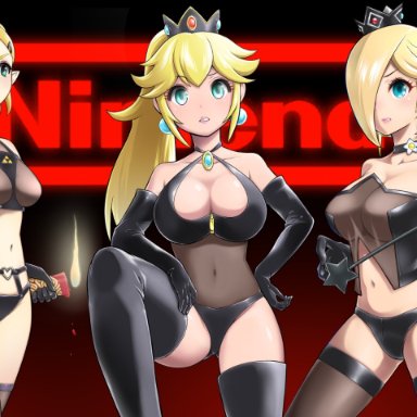 1other, 2021, 3girls, alternate costume, armor, ass, ass visible through thighs, bare shoulders, black clothing, black eyes, black gloves, black panties, black thighhighs, blonde hair, blue eyes