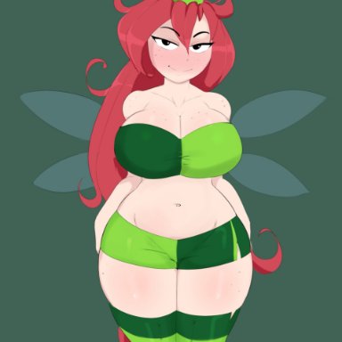 belly, belly button, betilla (rayman), black eyes, blush, bra, breasts, clothed, clothing, female, female focus, female only, g3mma, green stockings, hat