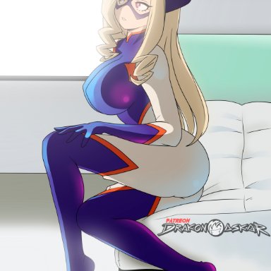 bed, bedroom, big breasts, big butt, blonde hair, drakonaskar, hero, latex, mount lady, my hero academia, patreon, uniform, yuu takeyama