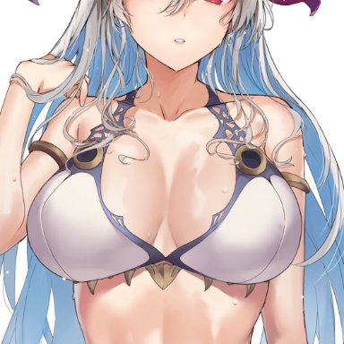 1girls, alternate costume, bare shoulders, bikini, blue hair, breasts, curled horns, female, fire emblem, fire emblem heroes, freyja (fire emblem), goat horns, grey hair, hair between eyes, haru (nakajou-28)