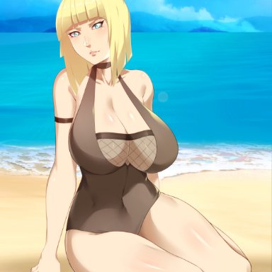 1girls, bare arms, bare legs, bare shoulders, bbw, big breasts, blonde hair, blue eyes, blue sky, blunt bangs, bob cut, breasts, breasts bigger than head, busty, center opening