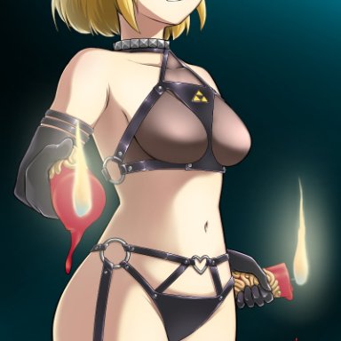 1girls, 2021, alternate costume, bare shoulders, black clothing, black gloves, black panties, black thighhighs, blonde hair, blue background, bondage, bondage outfit, braid, breasts, breath of the wild 2