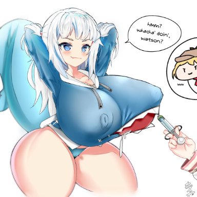 arms behind back, arms up, blue eyes, blue hair, chibi, cleavage, drool, english text, erect nipples, erect nipples under clothes, female, gawr gura, hololive, hololive english, hoodie