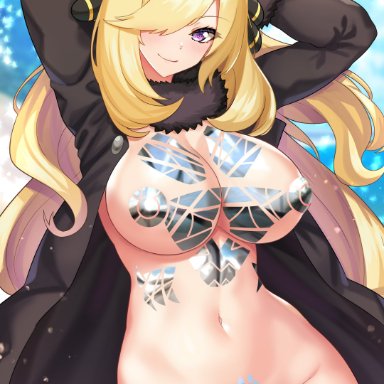 1girls, 2021, alternate eye color, arms up, artist signature, belly button, black coat, blonde hair, blue sky, blush, blushing, body markings, bodypaint, breasts, coat