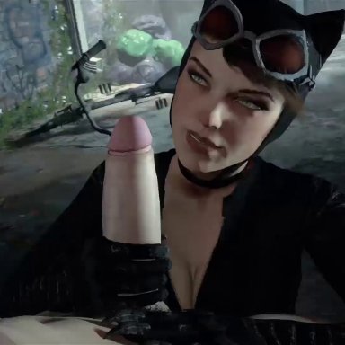 1boy, 1girls, 3d, alley, animated, batman: arkham knight, batman (series), big penis, blowjob, catsuit, catwoman, clothed female nude male, cock worship, dc, dc comics