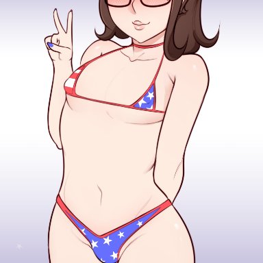 1boy, 2021, 4th of july, abarus, artist signature, balls in panties, beauty mark, blush, brown hair, bulge, femboy, girly, glasses, halo, looking at viewer
