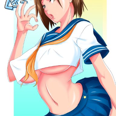 1girls, 2021, belly, blue skirt, bob cut, breasts, brown eyes, brown hair, erect nipples, fellatio gesture, female, female focus, female only, gradient background, japanese text