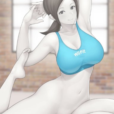 bottomless, bottomless female, excersize, looking at viewer, naked from the waist down, sports bra, stretching, wii fit, wii fit trainer