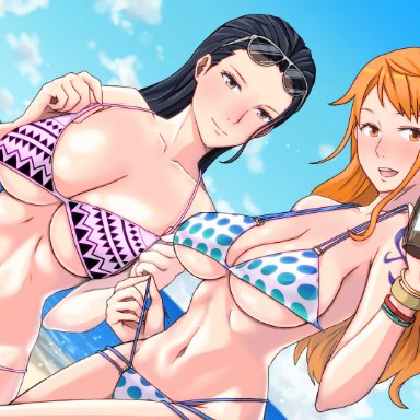 2girls, abs, arm tattoo, bare arms, bare shoulders, bbw, beach, big breasts, bikini, bikini bottom, bikini top, black eyes, black hair, blue panties, blue thong