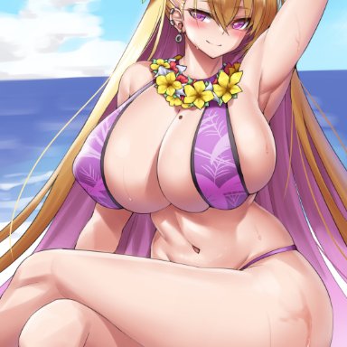 1girls, 2021, arm up, armpits, bare legs, beauty mark, belly button, bikini, blonde hair, blue sky, boryeon, breasts, cho!cho! (artist), cleavage, ear piercing