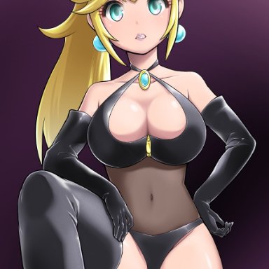 1girls, 2021, alternate costume, ass, ass visible through thighs, bare shoulders, black clothing, black gloves, black panties, black thighhighs, blonde hair, bondage, bondage outfit, boots, breasts