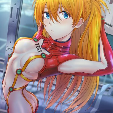 areolae, armpits, asuka langley sohryu, blue eyes, blush, bodysuit, breasts, female, hair ornament, hb-chimpanze, looking at viewer, multicolored bodysuit, neon genesis evangelion, nipples, orange hair