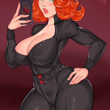 1girls, ange1witch, avengers, big breasts, black widow, black widow (marvel), bodysuit, breasts, cleavage, female, female only, large breasts, looking at viewer, marvel, natasha romanoff