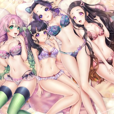 4girls, big breasts, black hair, bra, braided hair, butterfly hair ornament, dark hair, demon slayer, female, female only, green eyes, hourglass figure, kamado nezuko, kanroji mitsuri, kimetsu no yaiba