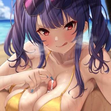 1boy, :q, absurdres, azur lane, bangs, bare shoulders, bikini, blush, breasts, censored, cleavage, covered nipples, cum, eyebrows visible through hair, eyewear on head