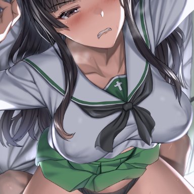 1boy, 1girls, absurd res, aldehyde, bed, bed sheet, black hair, black panties, black underwear, breasts, brown eyes, cellphone, cellphone camera, clothing, collared shirt