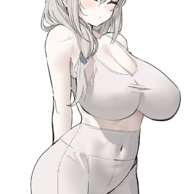 2d, blush, breasts, cleavage, closed eyes, clothed, huge breasts, k pring, long hair, ponytail, thick thighs, thighs, thin arms, tight clothing, uzaki-chan wa asobitai!