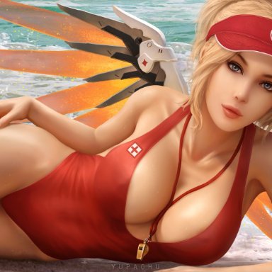 1girls, beach, big breasts, breasts, cleavage, female, female only, large breasts, lifeguard, looking at viewer, mercy, one-piece swimsuit, overwatch, solo, yupachu