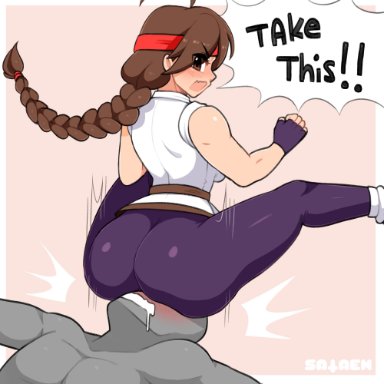 angry, angry face, art of fighting, ass, ass on face, big ass, braided hair, brown eyes, brown hair, dark-skinned male, dark skinned male, facesitting, king of fighters, looking back, ponytail