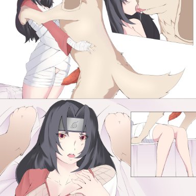 1animal, 1girls, akamaru (naruto), animal penis, big breasts, black hair, breasts, canine, canine, clothed, female, human, imminent sex, interspecies, kissing