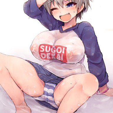 ;d, arm support, arm up, bangs, barefoot, blue eyes, blush, bracelet, breasts, cameltoe, clothes writing, commentary, covered nipples, denim, denim skirt