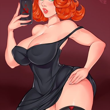 1girls, ange1witch, avengers, big breasts, black widow, black widow (marvel), breasts, cleavage, female, female only, large breasts, looking at viewer, marvel, natasha romanoff, selfie